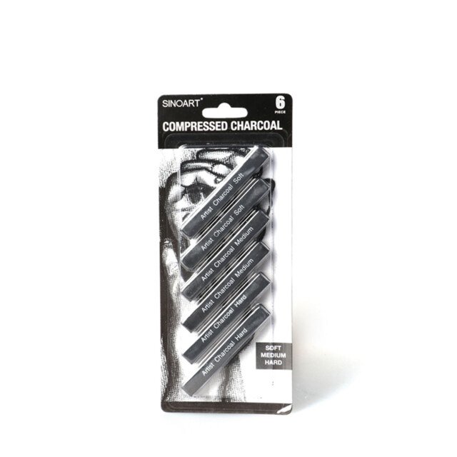 Compressed Charcoal Sticks 6pcs - Soft, Med & Hard